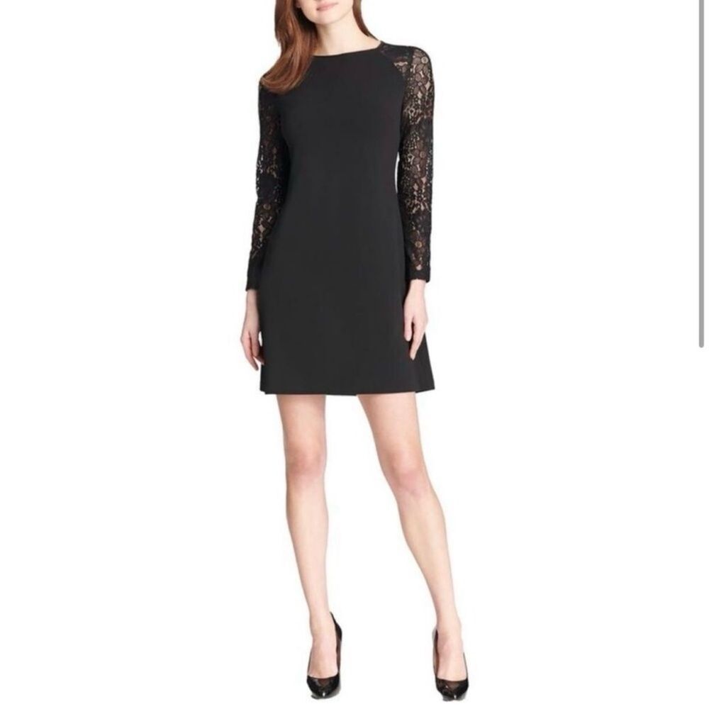 Tommy Hilfiger Black Lace-Sleeve Long-Sleeve Shift Dress Mini LBD 6 Flattering